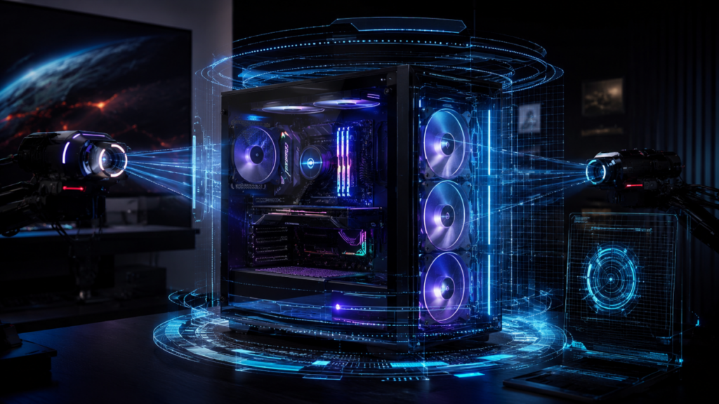 Futuristic Workstation in a Neon Lit Lab
