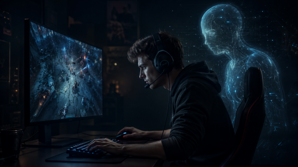 Focused Gamer Ethereal AI Presence