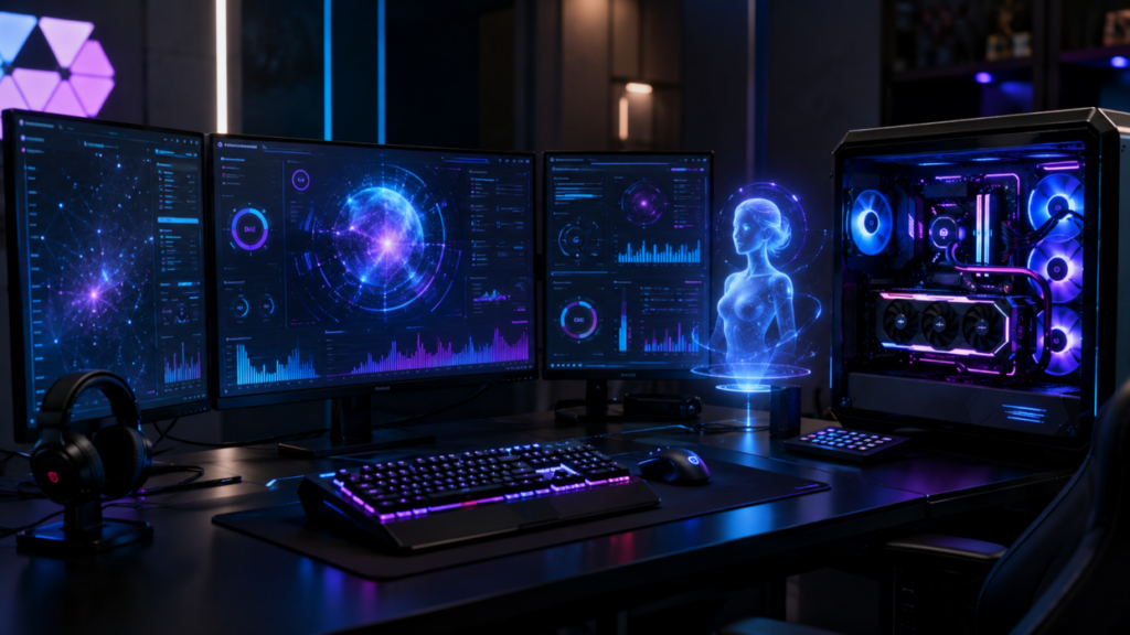 Futuristic Tech Hub With Holographic AI