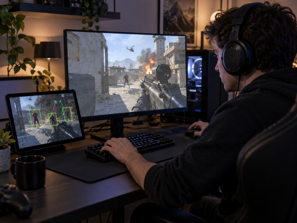 Gamer Battle Station with Pixel bot Outside PC
