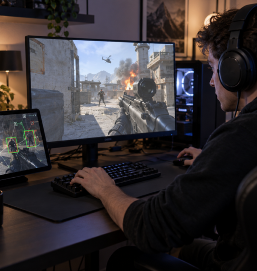 Gamer Battle Station with Pixel bot Outside PC