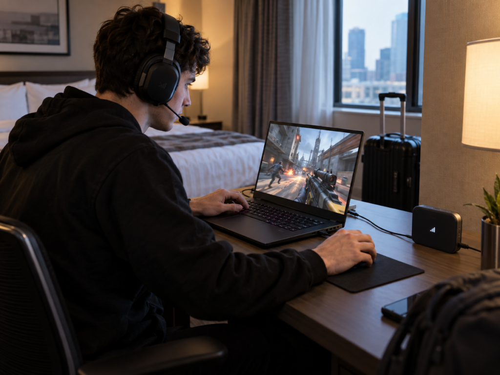 Gamer in Hotel Room