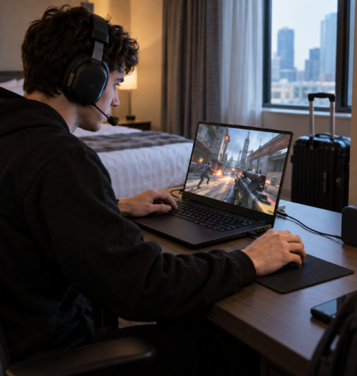 Gamer in Hotel Room