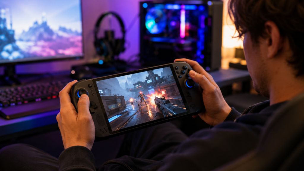 Gamer on Handheld with PC in the Background