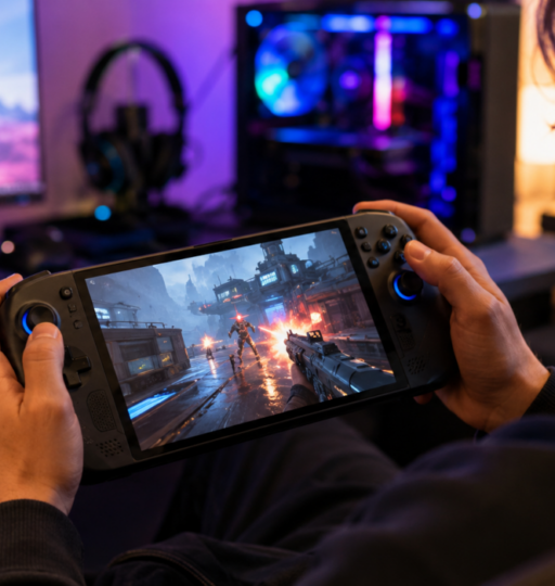 Gamer on Handheld with PC in the Background